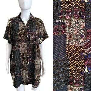 Caffe Marrakesh Patchwork Tunic Shirt Plus Size 1X Short Sleeve Button Down
